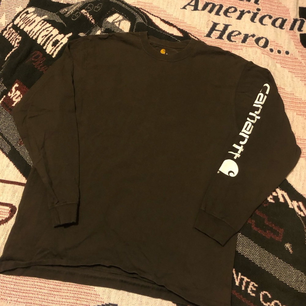 Carhartt Brown Long-Sleeve Logo Tee with White Sleeve Print